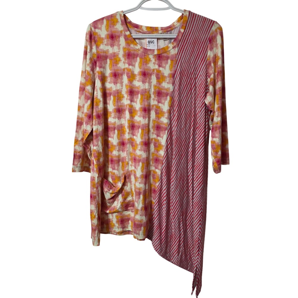 LOGO by Lori Goldstein Women L Tunic Top Pink Mixed Media Asymmetrical Soft Boho